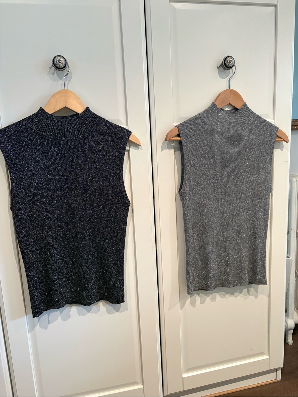 2 Sleeveless Holiday Sparkle Knit Tops Black and Silver